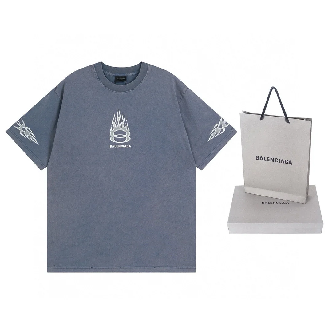 Balenciaga Washed Blue Flame-Print OS T-Shirt
