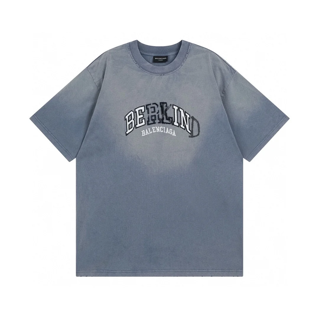 Balenciaga Washed Blue Logo Embroidery OS T-Shirt