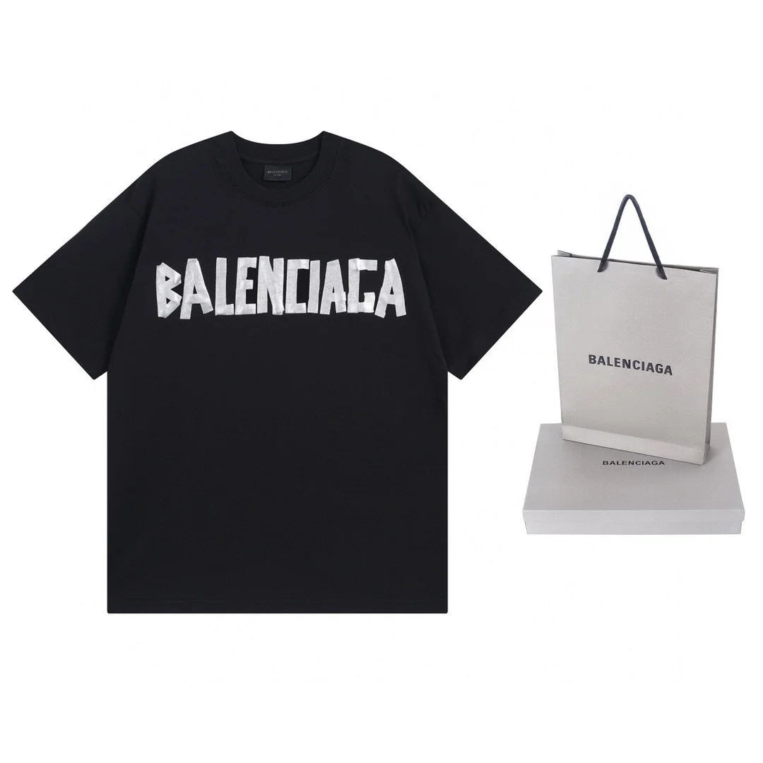 Balenciaga 23ss Washed Black Tape-Print T-Shirt