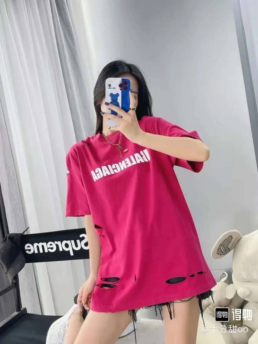 Balenciaga Red Distressed Logo Oversized T-Shirt