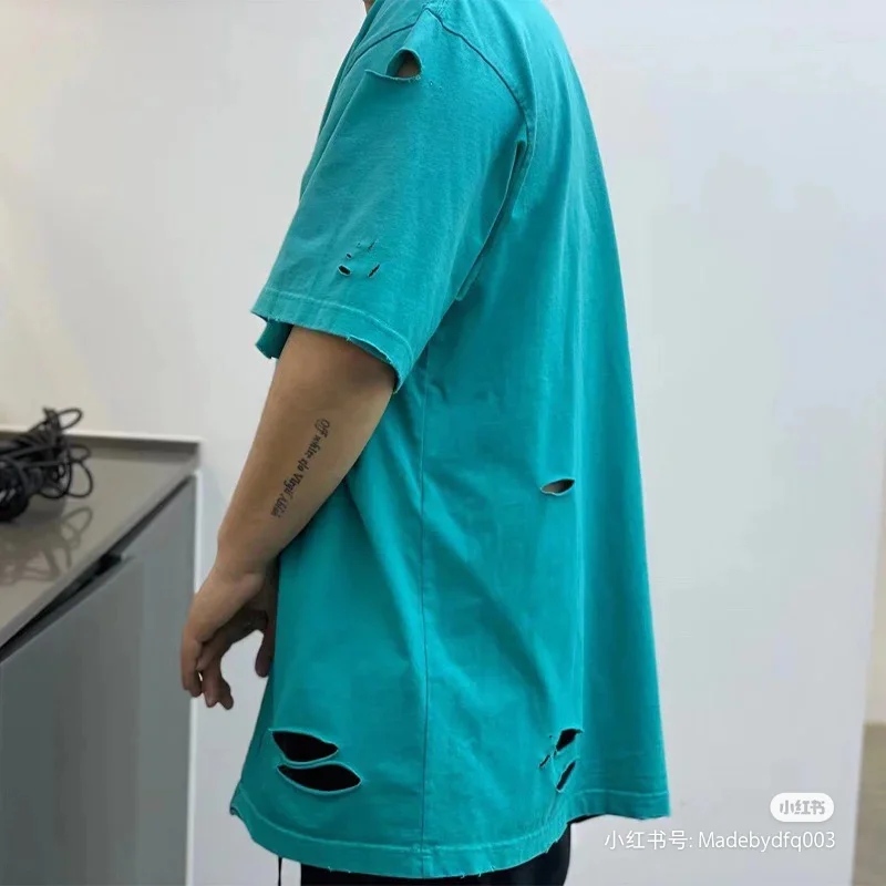 Balenciaga Turquoise Destroyed Logo Ripped T-Shirt