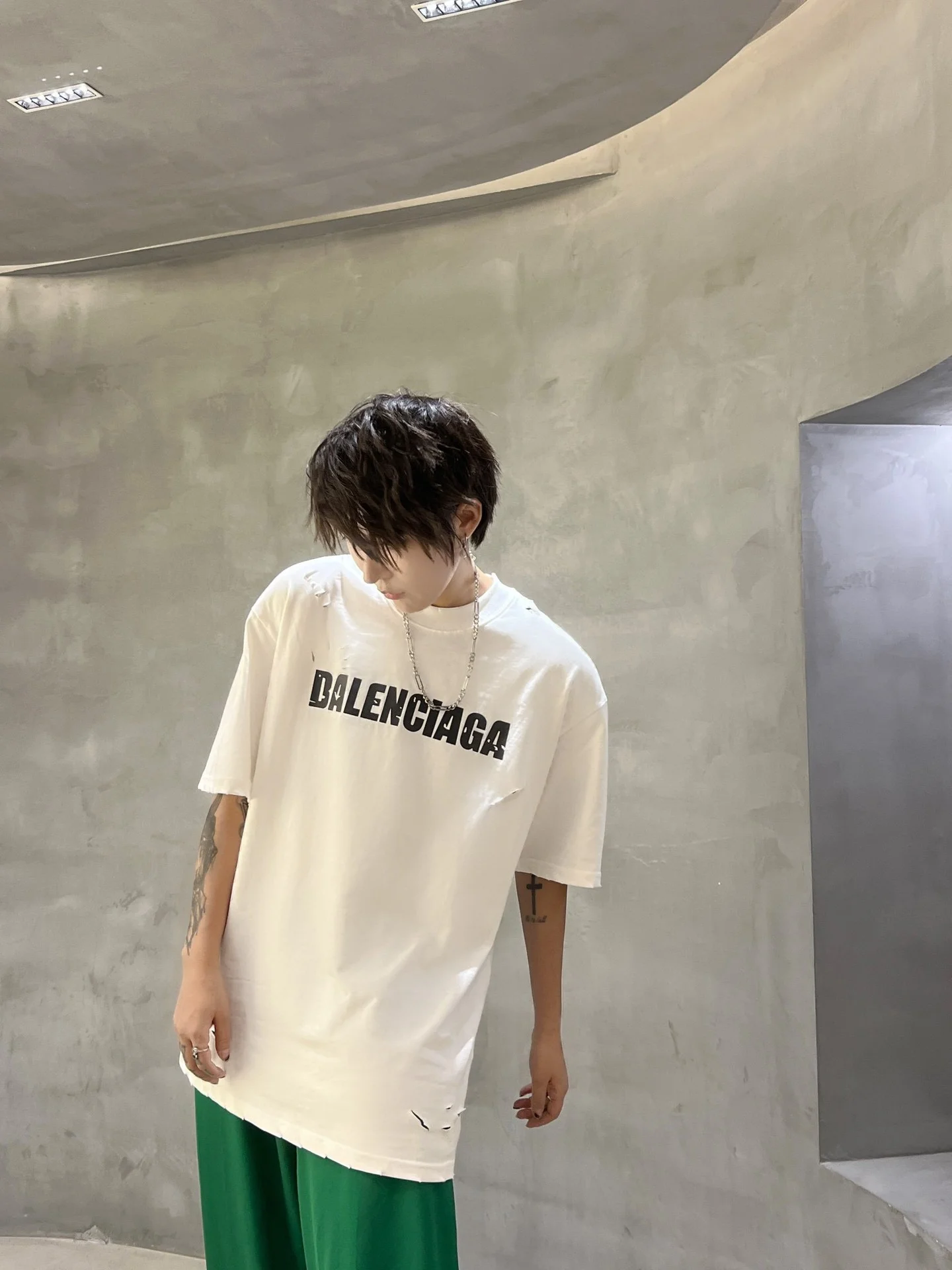 Balenciaga White Distressed Torn Logo T-Shirt