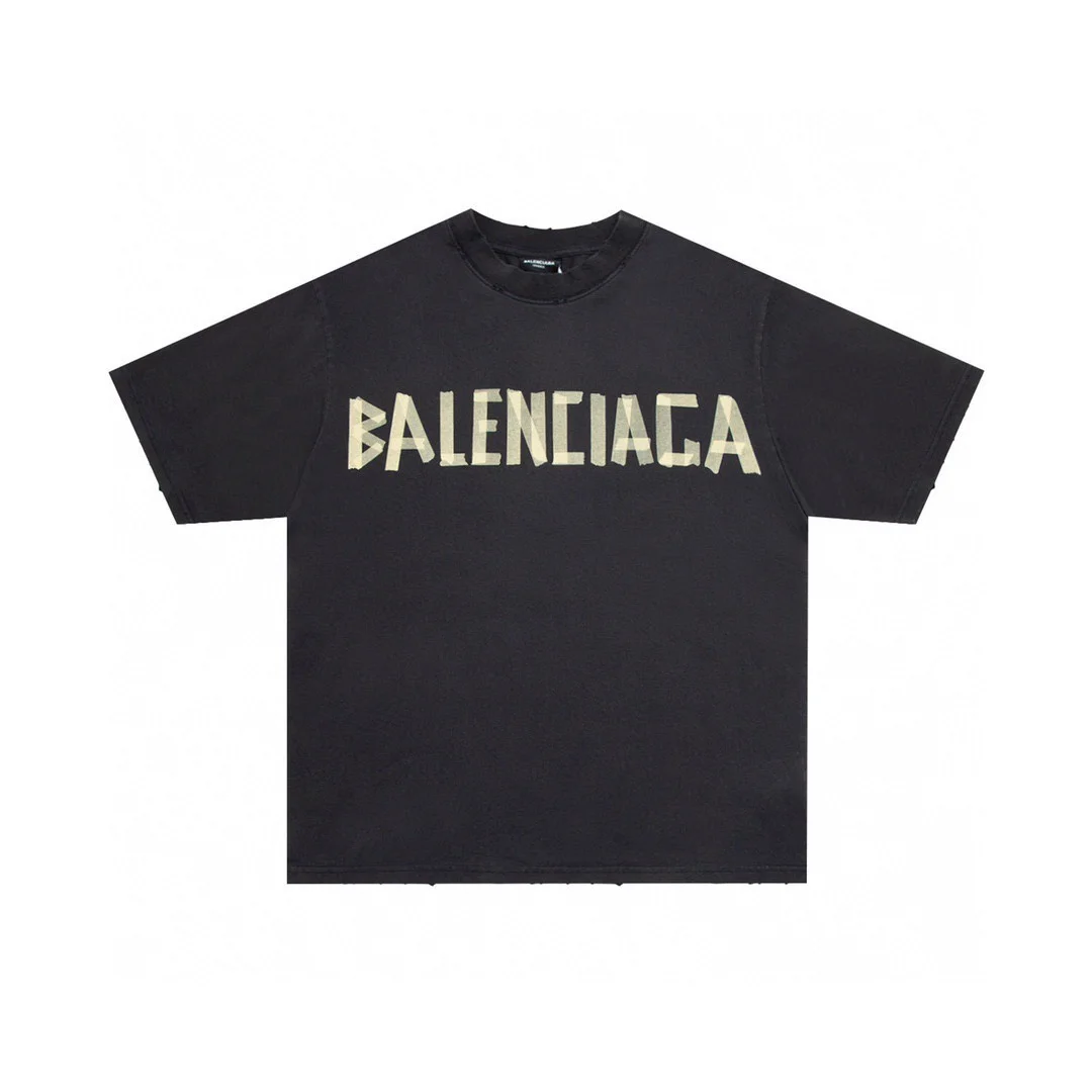 Balenciaga 23ss Washed Black Tape Print T-Shirt