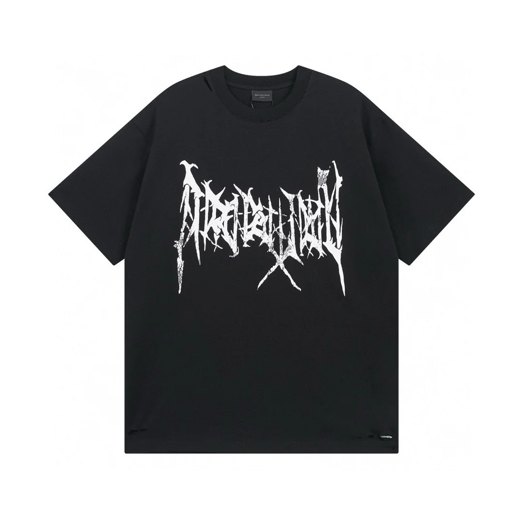 Balenciaga Black Crackle Print Distressed Loose T-Shirt