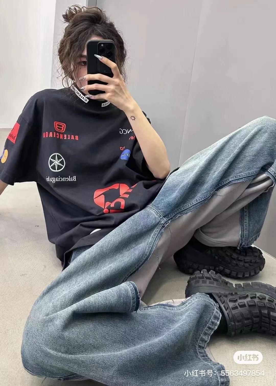 Balenciaga 2024 Black Multi-LOGO Embroidered Vintage Loose T-Shirt