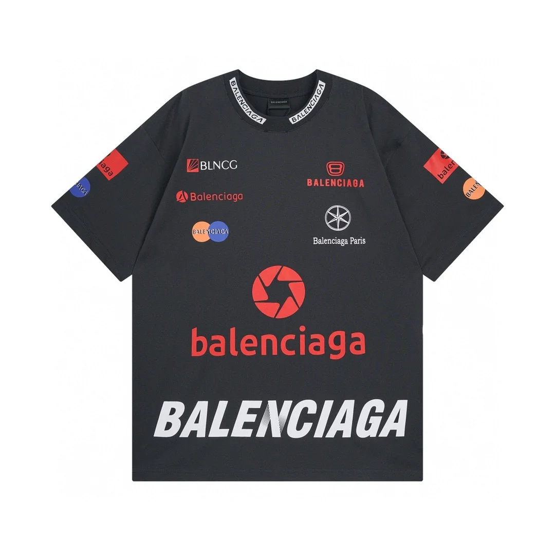 Balenciaga Black Multi-Logo Embroidered Distressed OS T-Shirt