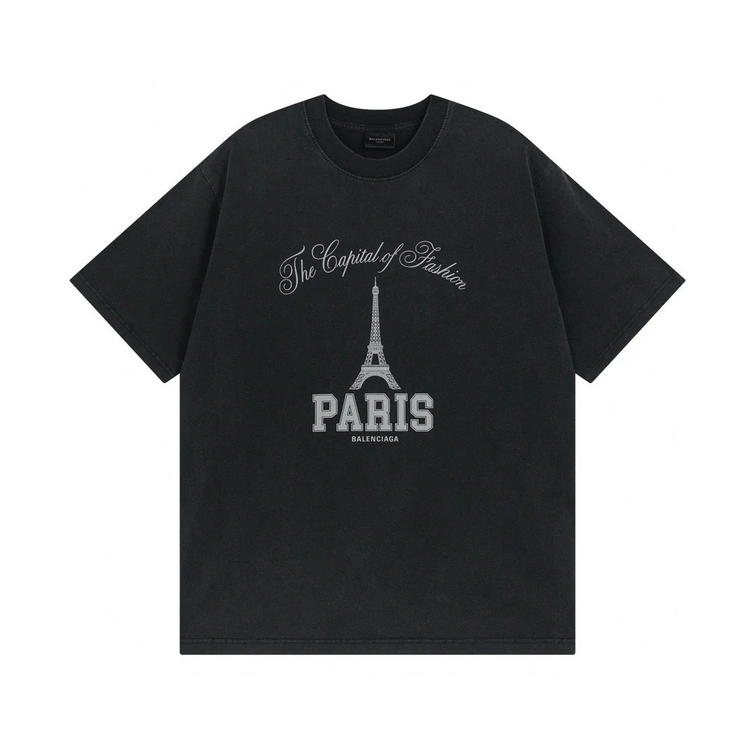 Balenciaga Washed Black Eiffel Tower Loose T-Shirt