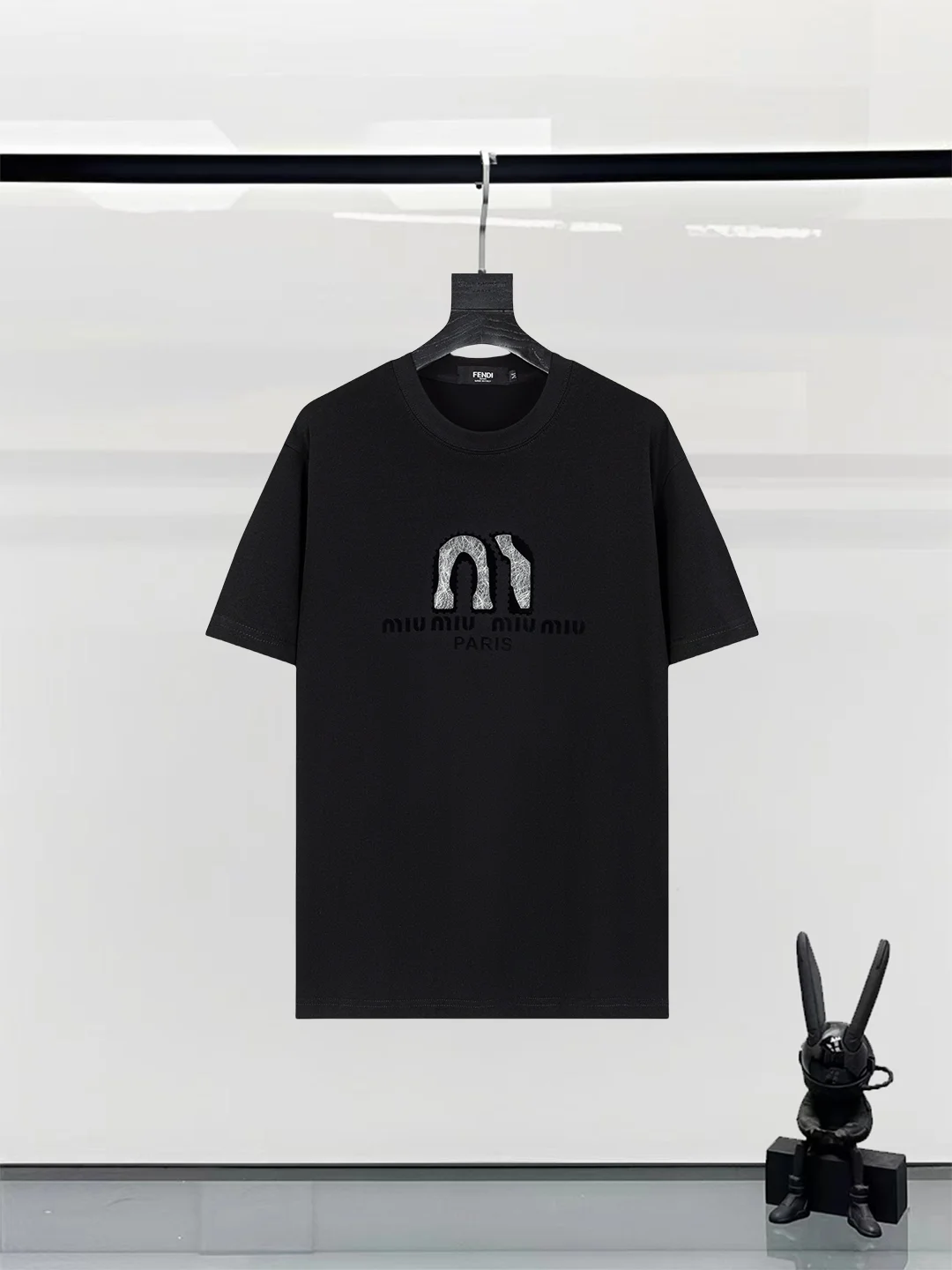 Miu Miu 25ss Black Short Sleeve Heavy Craft Logo Cotton T-Shirt