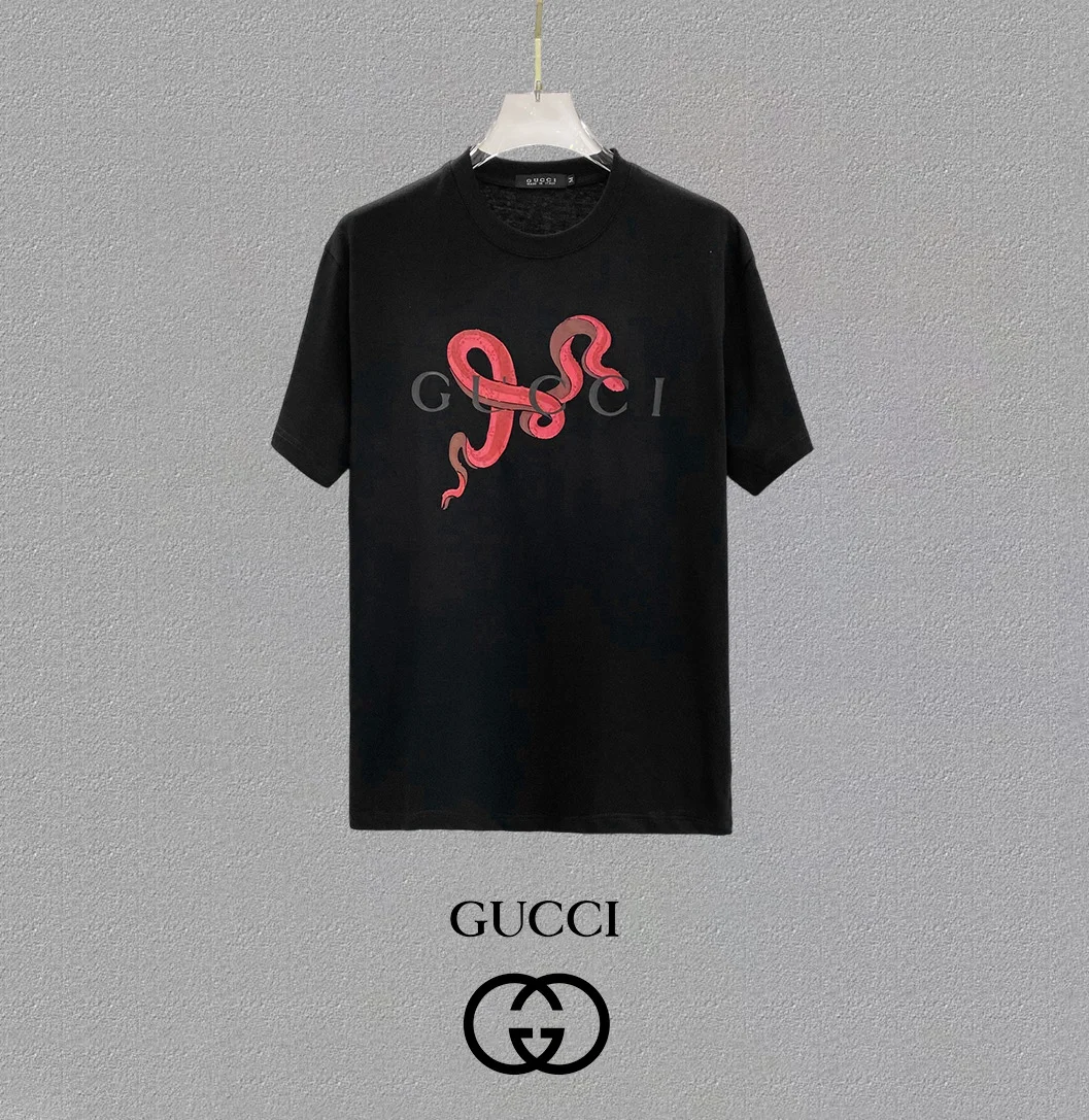 Gucci Black Snake & Logo Printed Crew Neck T-Shirt