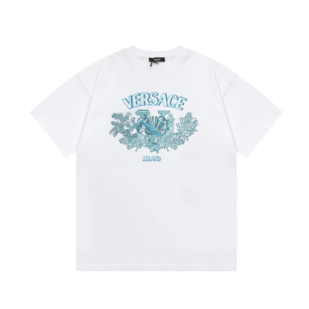 Versace White Medusa Coral Print Retro Short Sleeve T-Shirt