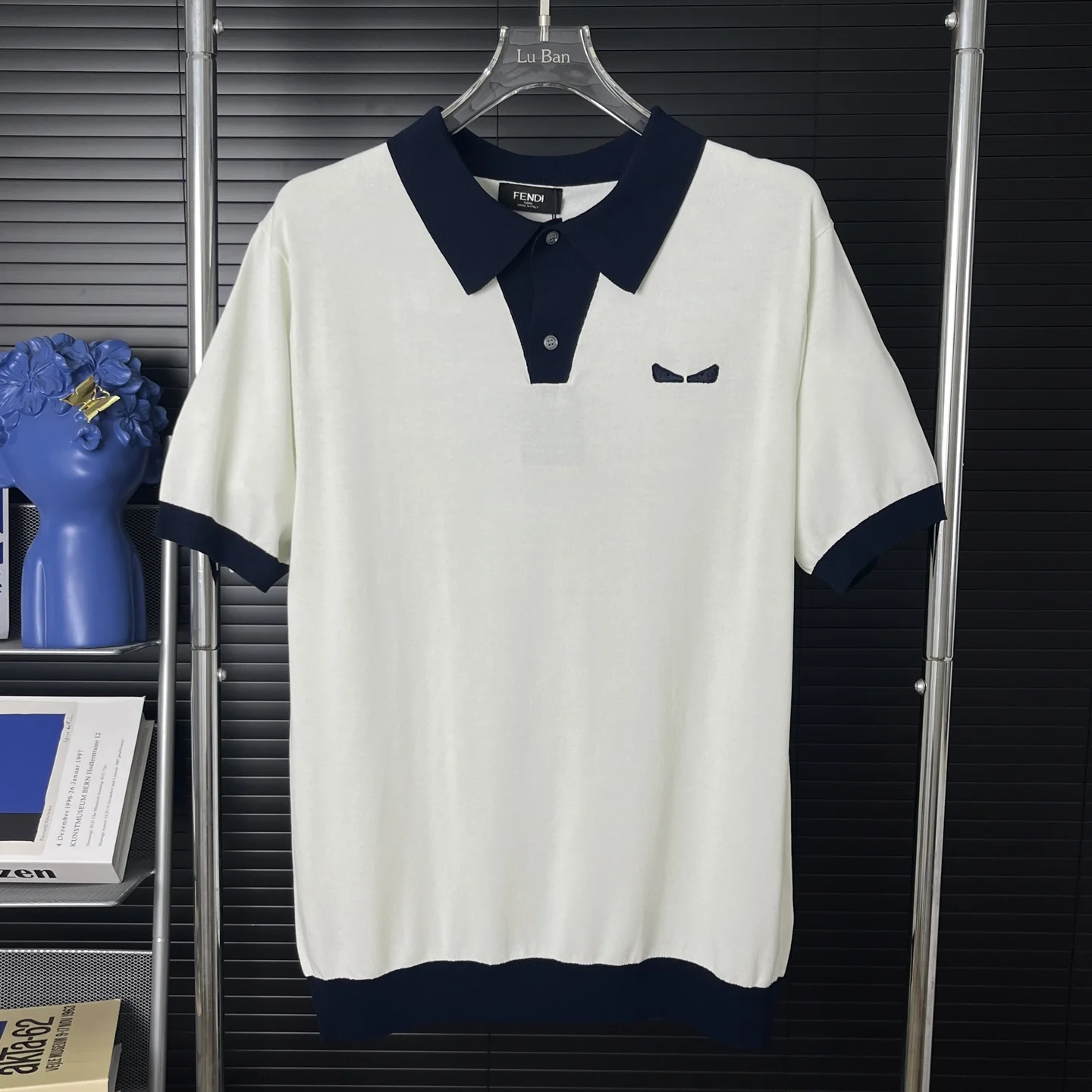 Fendi 25ss Monster Eyes White&Navy Knit Polo Shirt