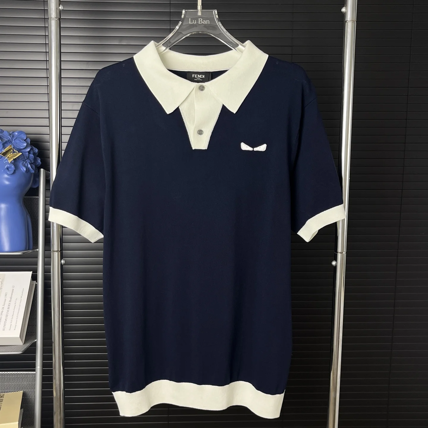 Fendi 25ss Navy Monster Eyes Knit Polo T-Shirt