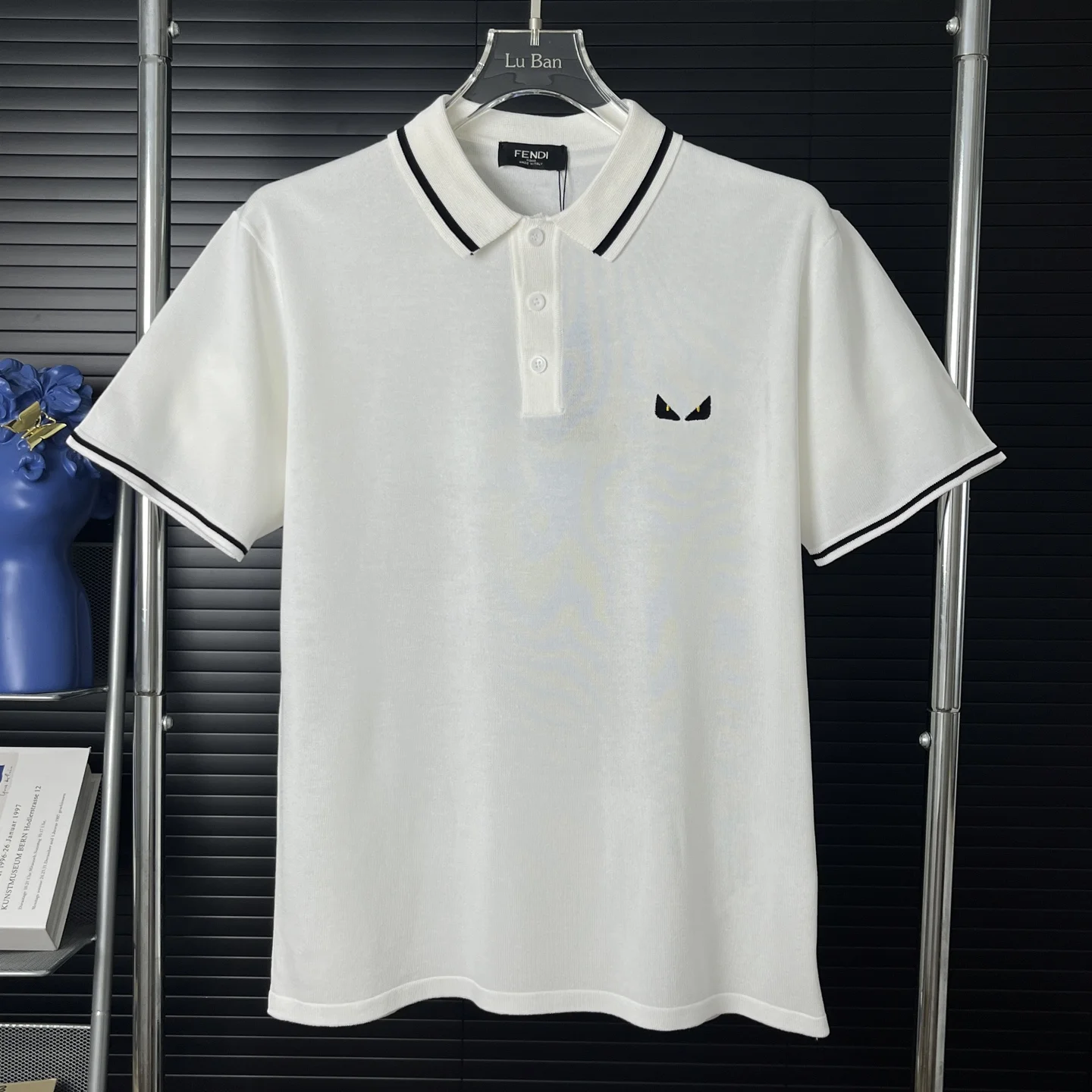 Fendi White Monster Eyes Knitted Short-Sleeve Polo Shirt