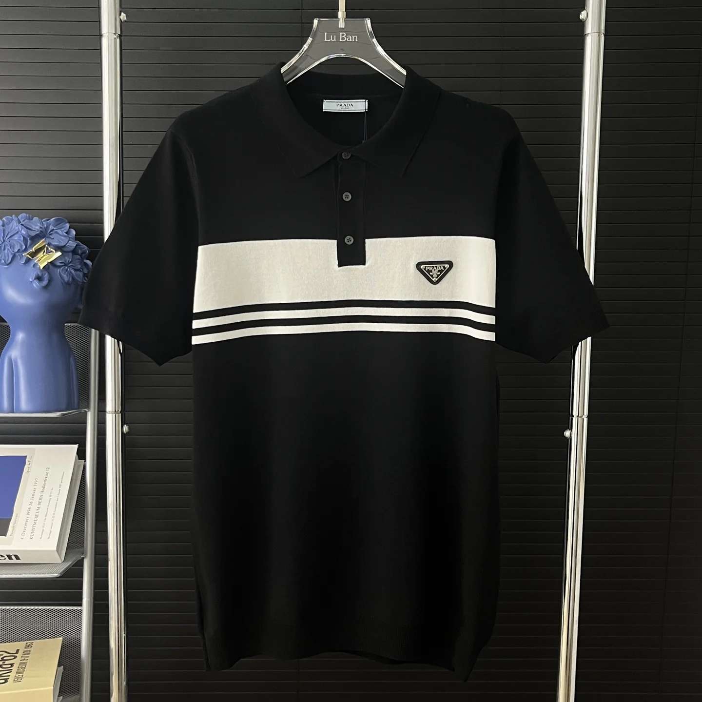 Prada 2025SS Black Color-Block Metal Triangle Logo Polo Shirt