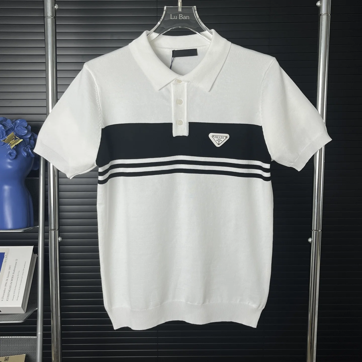 Prada White Colorblock Metal Triangle Logo Knit Polo