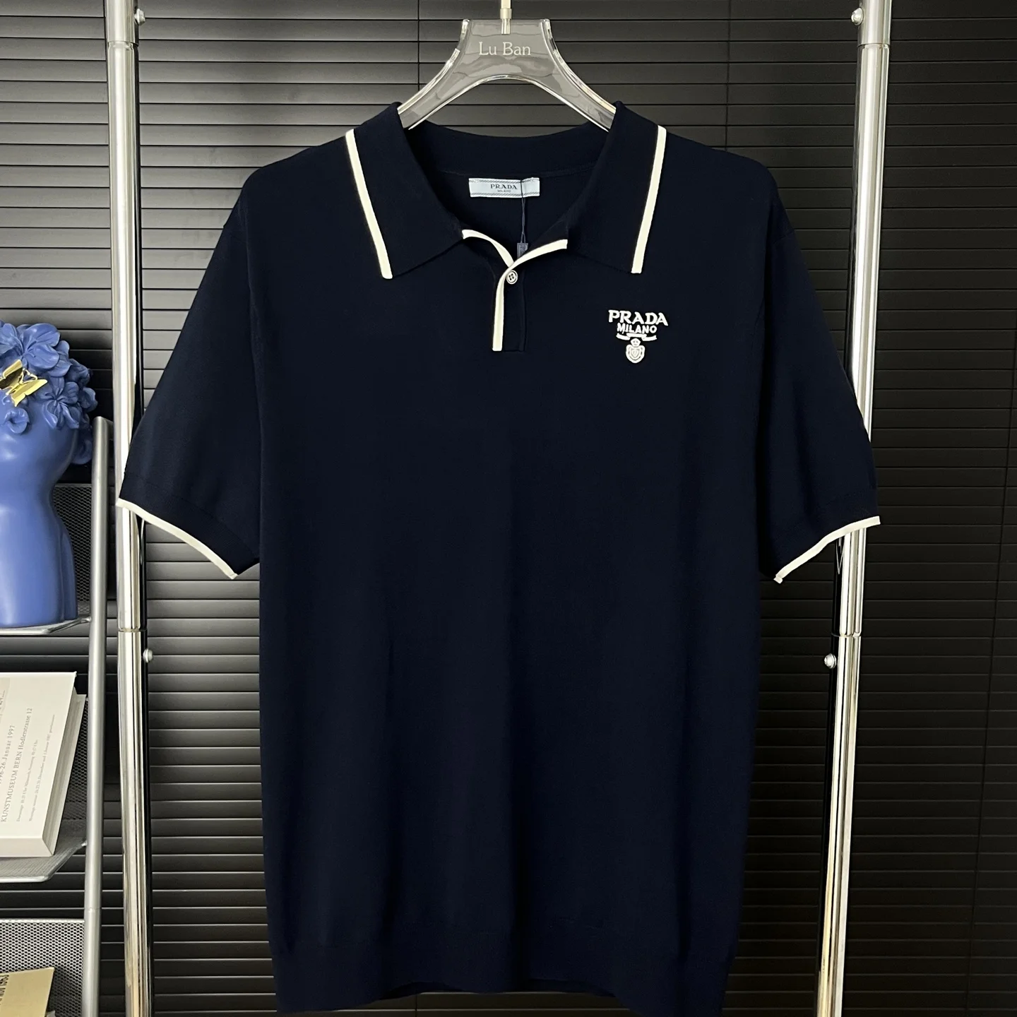 Prada 25SS Navy Contrast Trim Knit Polo Shirt