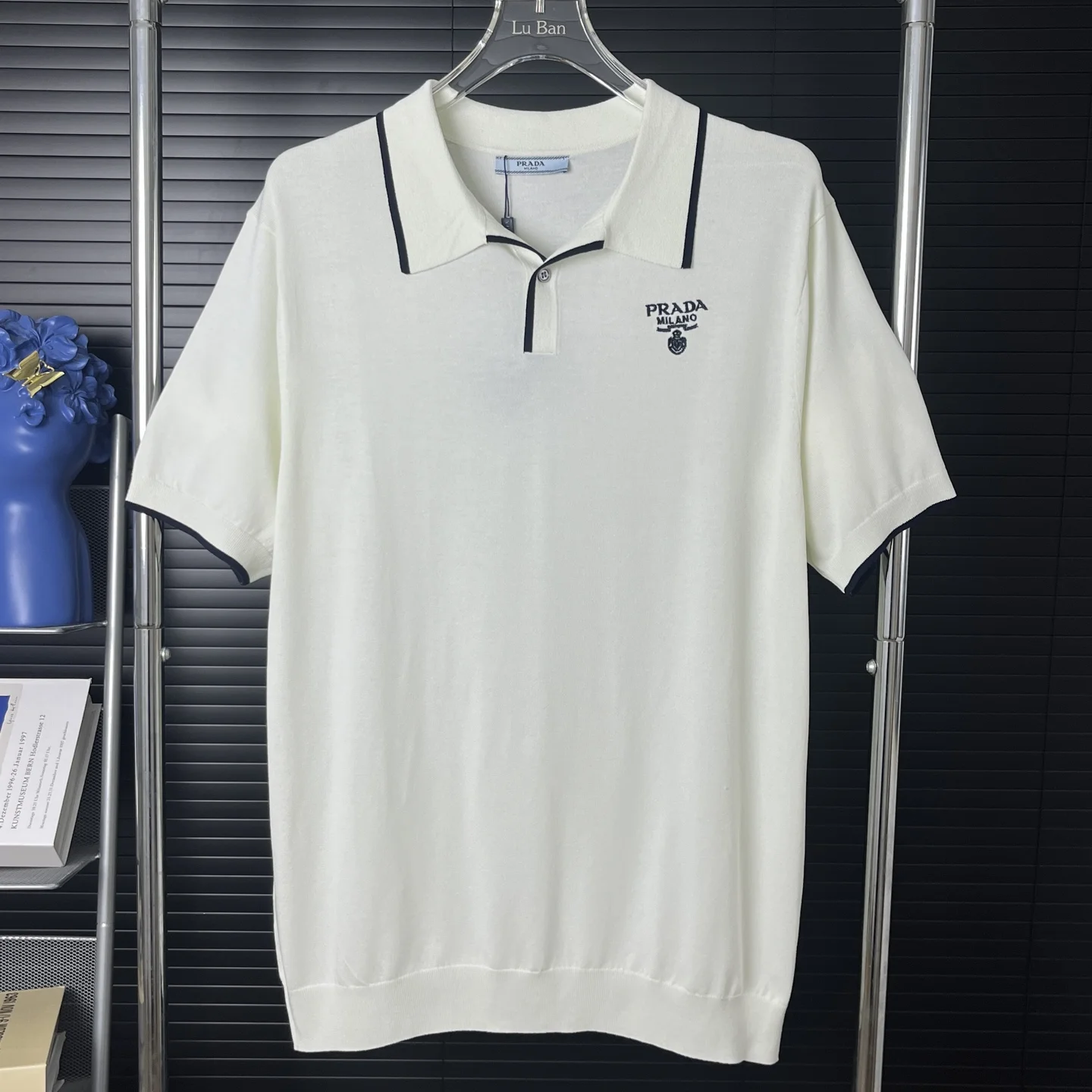 Prada White Contrast Collar Triangle Logo Knit Polo SS