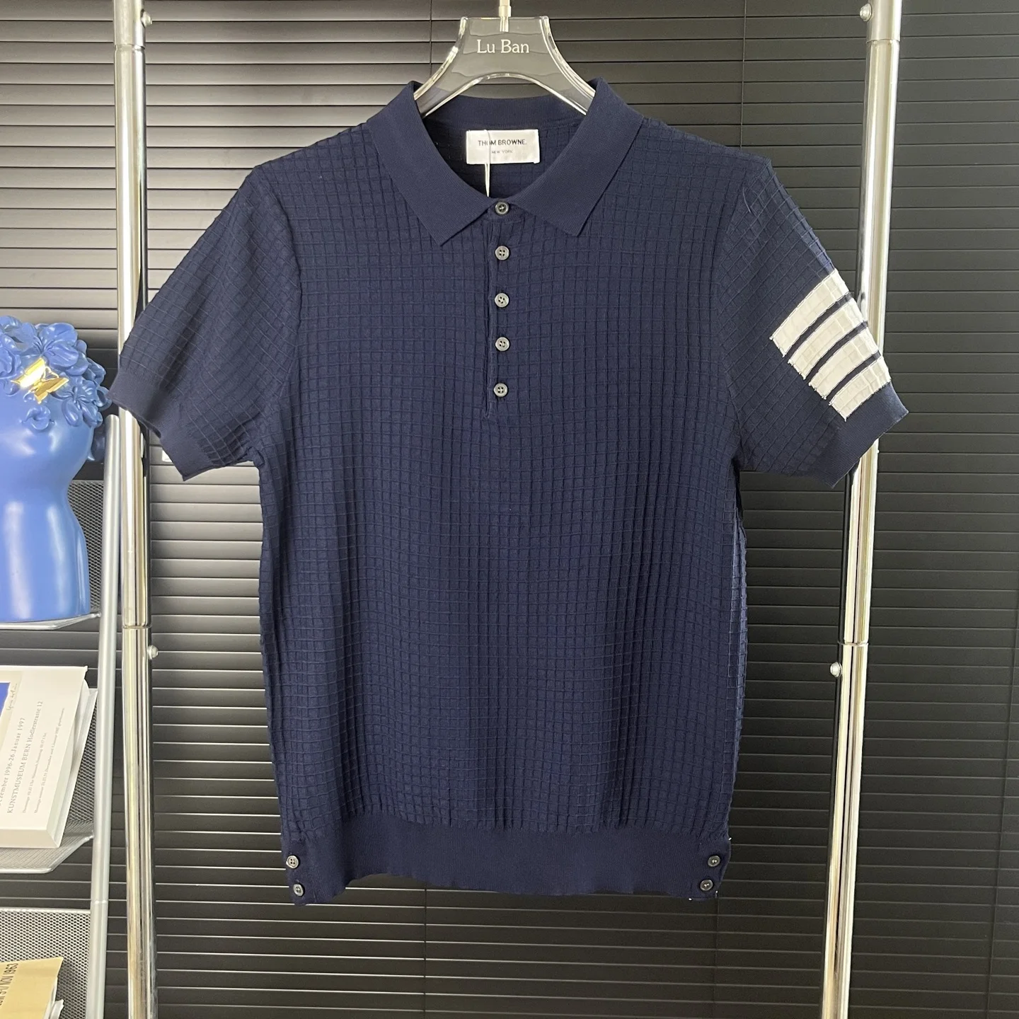 Thom Browne Navy Knit 3-Stripe Polo SS
