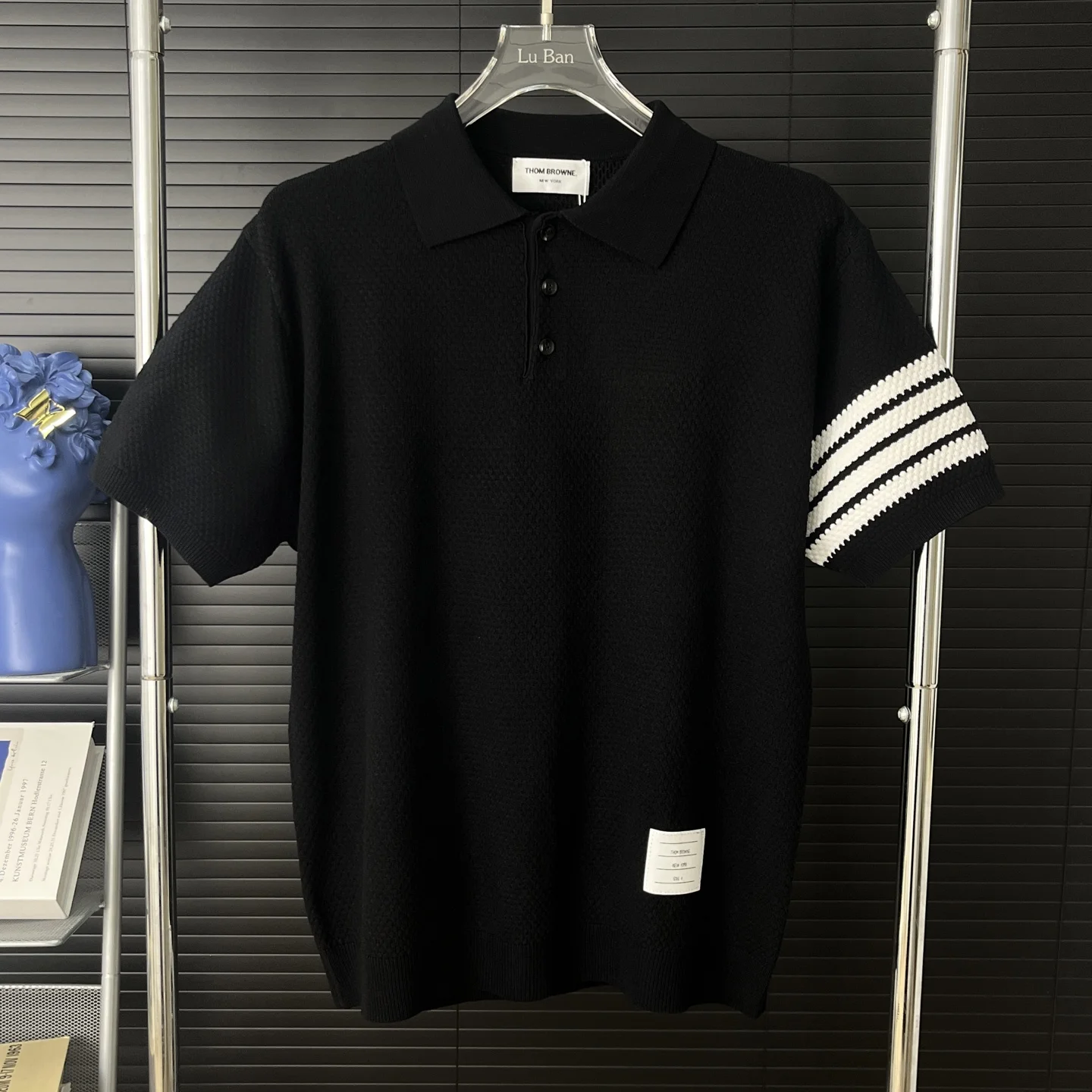 Thom Browne Black 4-Stripe Knit Short Polo