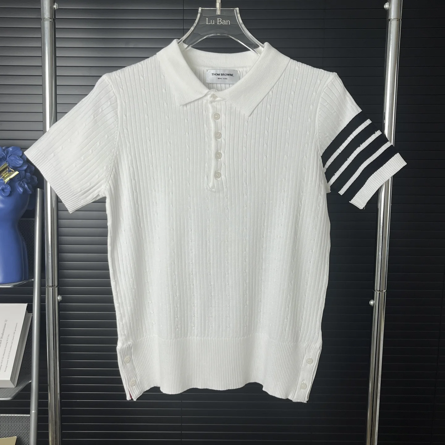 Thom Browne White Knit Polo With Stripe Sleeve