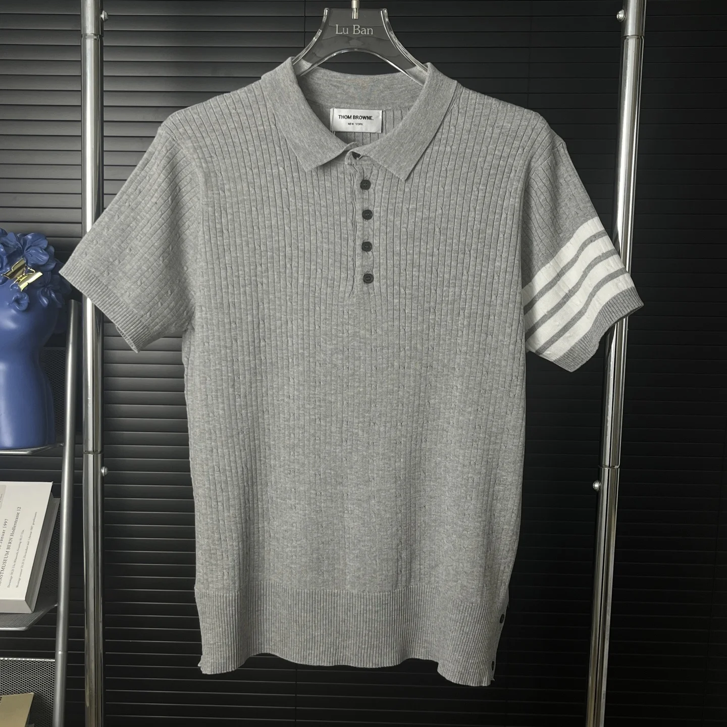 Thom Browne Gray Striped Knit Polo T-Shirt