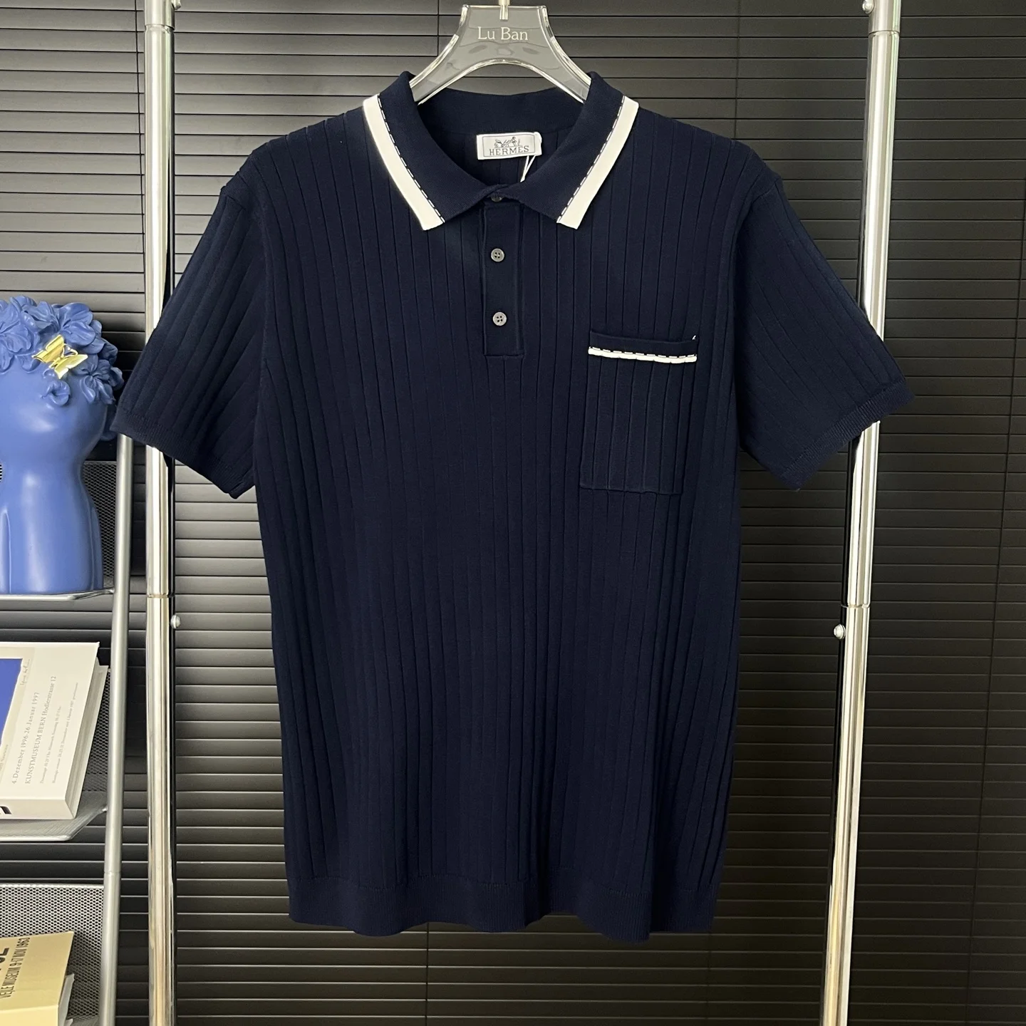 Hermès Navy Knit Short-Sleeve Polo With White Trim