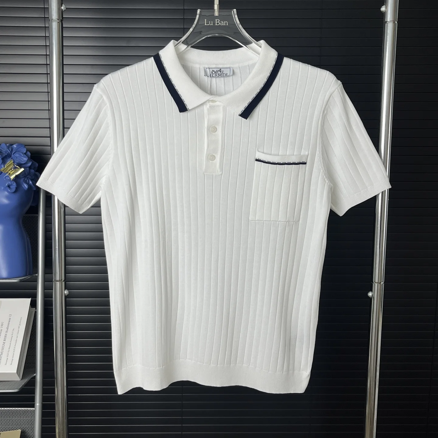 Hermès 25ss White Knit Polo Shirt (Stripe, Pocket)