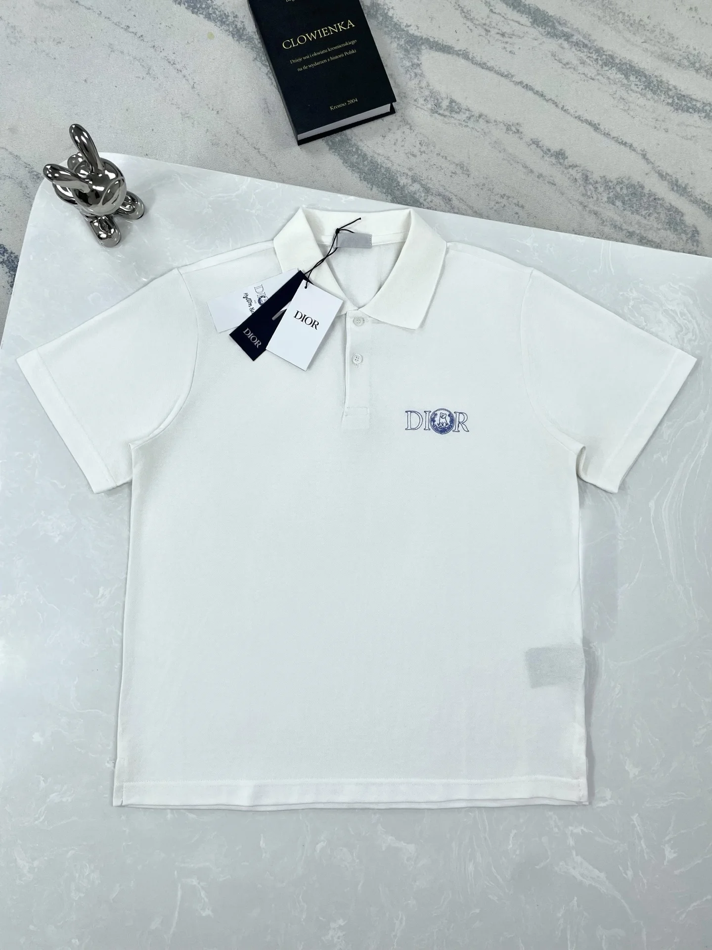 Dior 25SS White Cat-Embroidered Short-Sleeve Polo