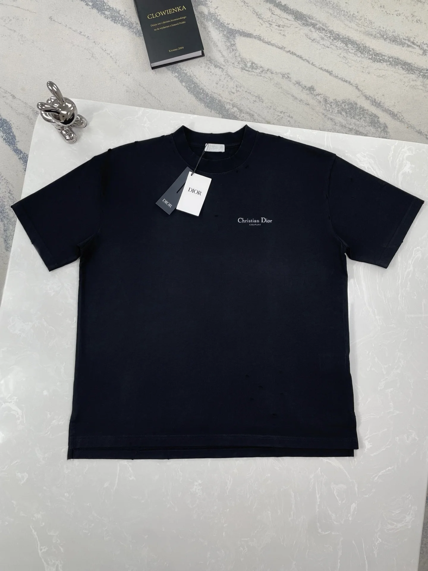 Dior 25ss Black Ripped Logo Crew Neck T-Shirt