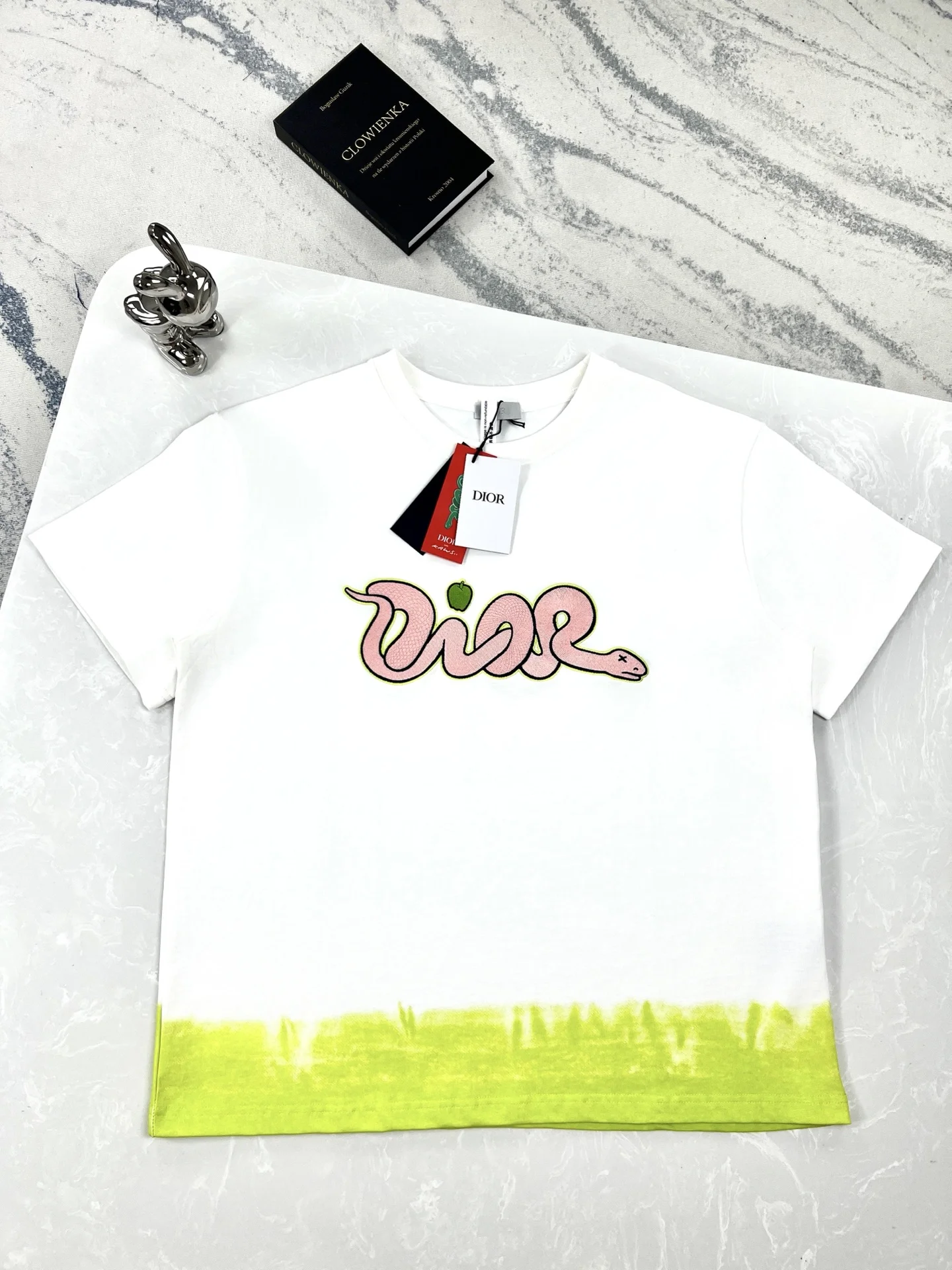 Dior 2025 Snake-Year White Lime Green Hem Embroidery T-Shirt