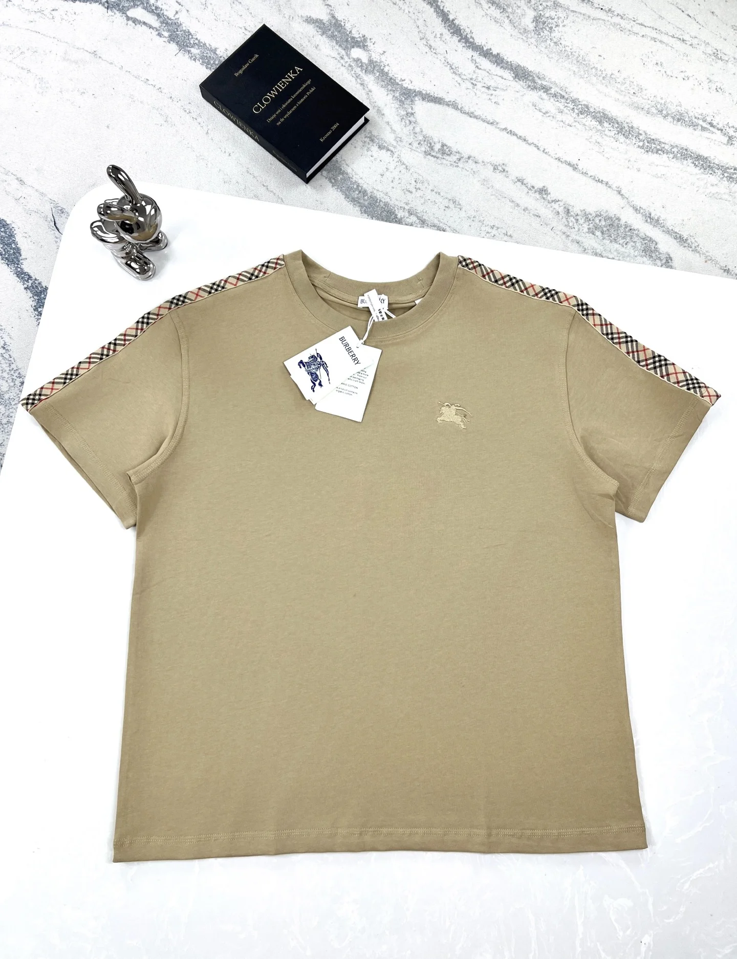 Burberry Beige Tartan-Tape Knight-Embroidered T-Shirt