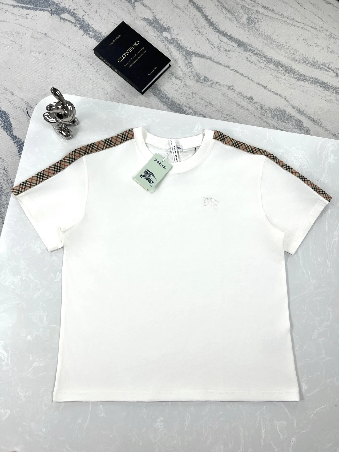Burberry White Check Tape Horse Embroidery T-Shirt
