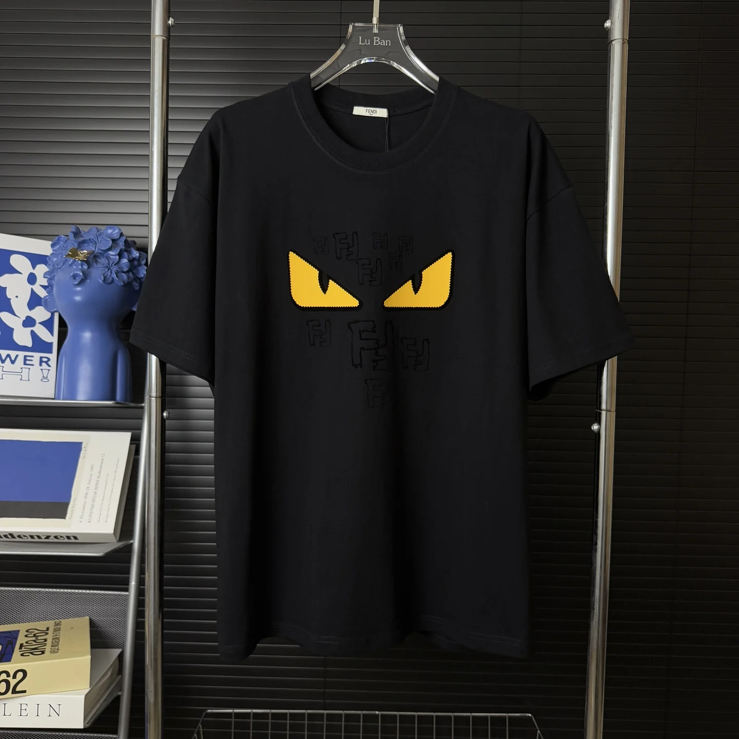 Fendi Black Crew Neck T-Shirt Flocked F & Devil Eyes