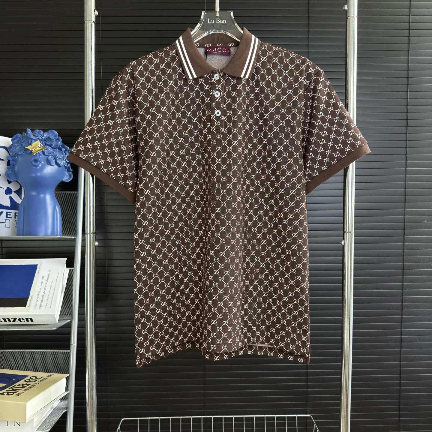Gucci 2025 Brown Logo-Print Striped-Collar Polo Shirt
