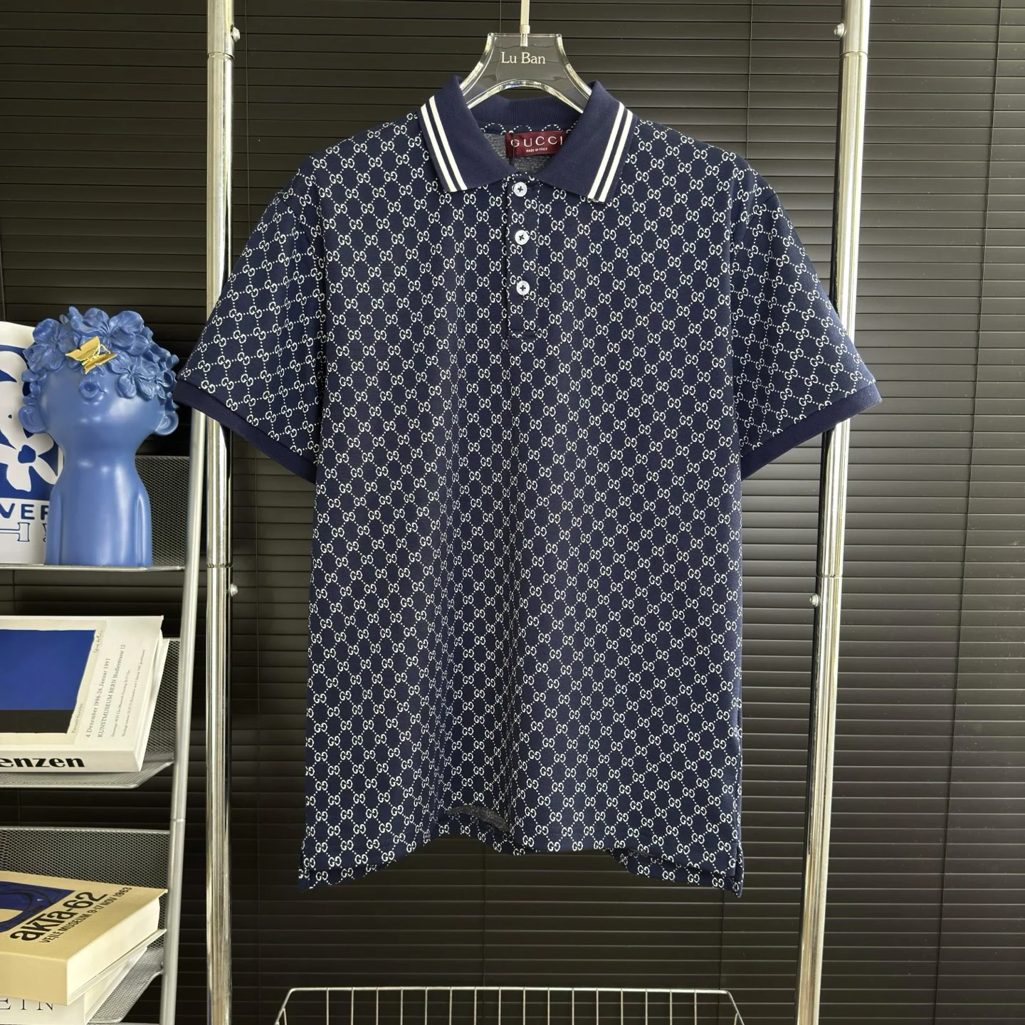 Gucci 2025 Blue All-over Logo Rib Collar Polo Shirt