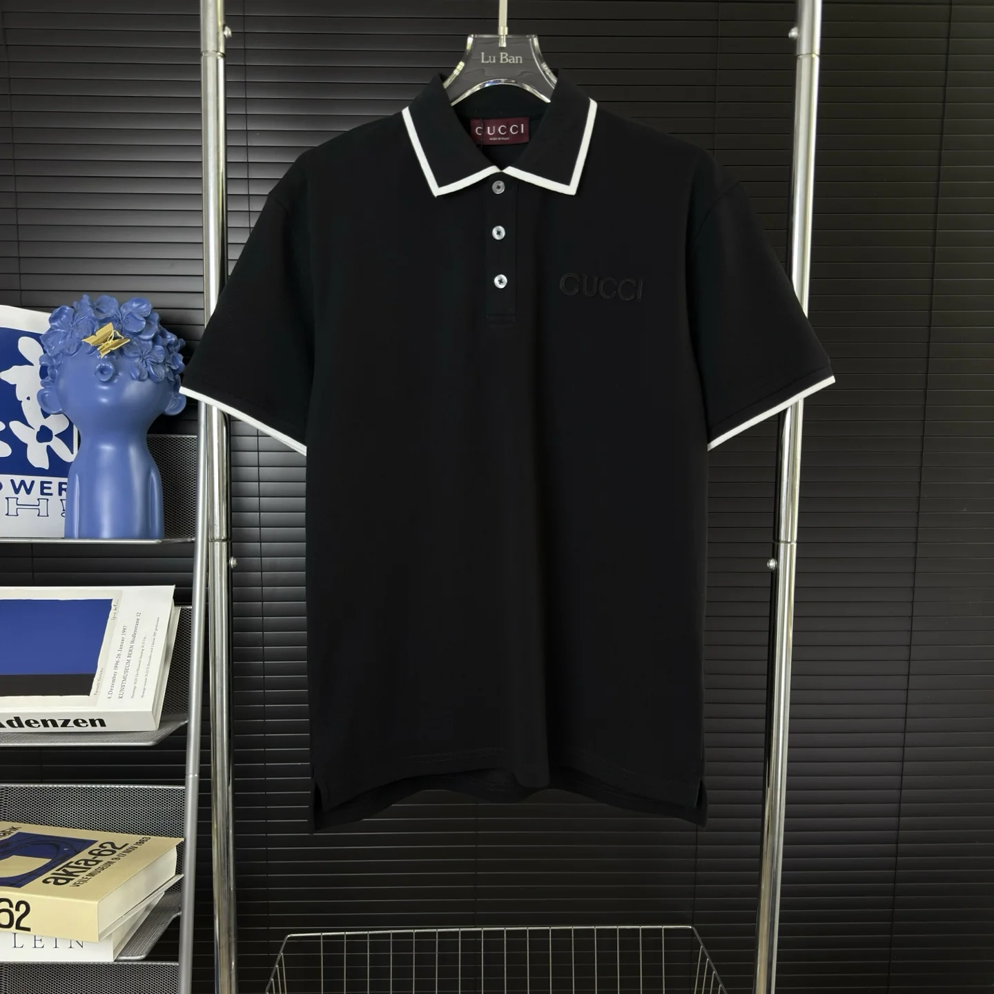 Gucci Black Polo With B&W Collar, Embroidered Logo (Short Sleeve)