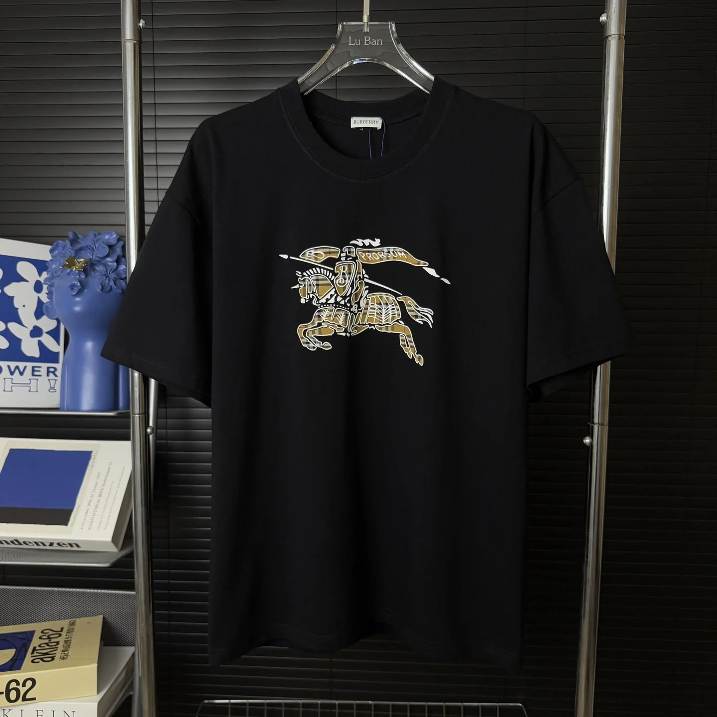 Burberry Black Equestrian Logo Heavy Cotton Crew Neck T-Shirt