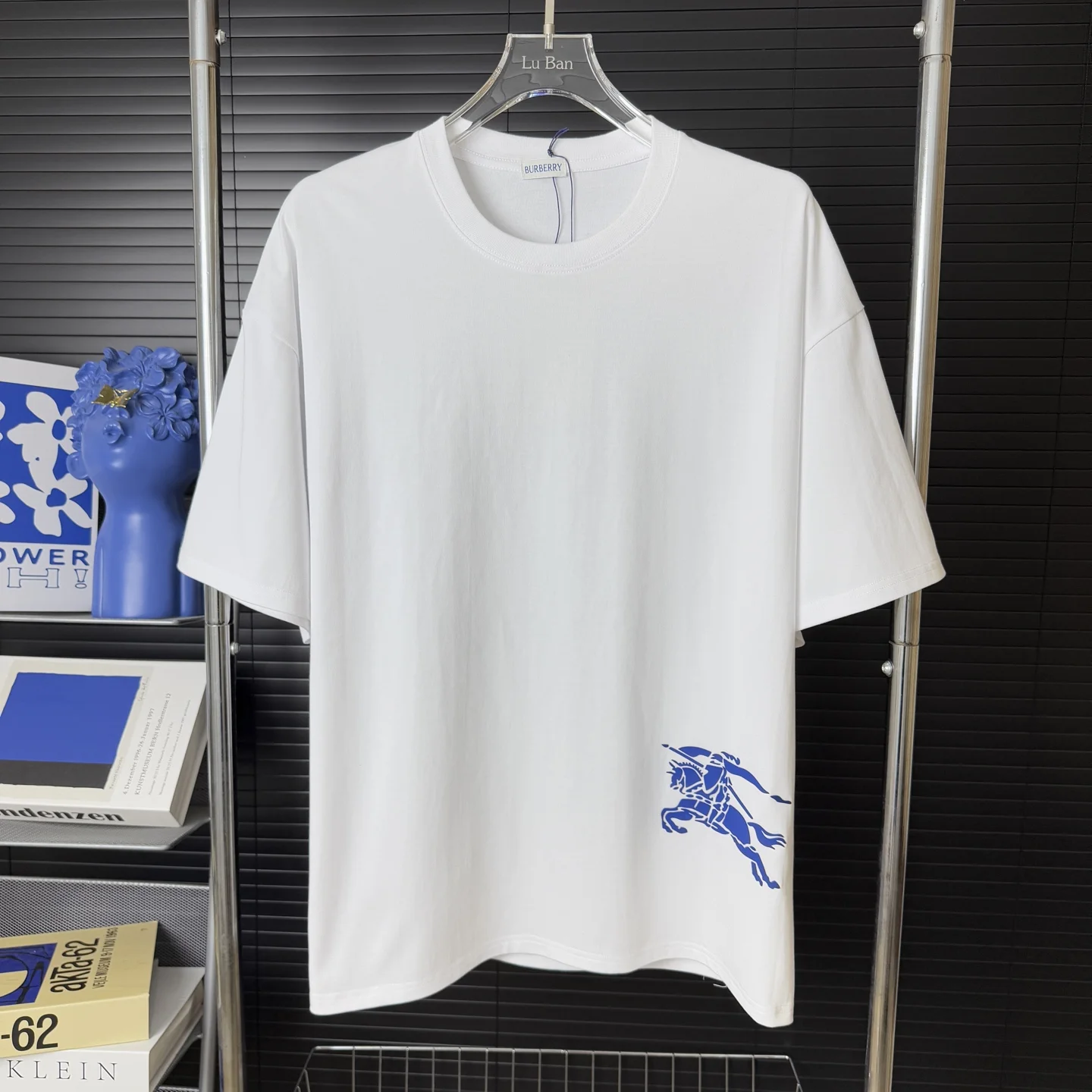 Burberry White T-Shirt With Blue Knight Horse Print