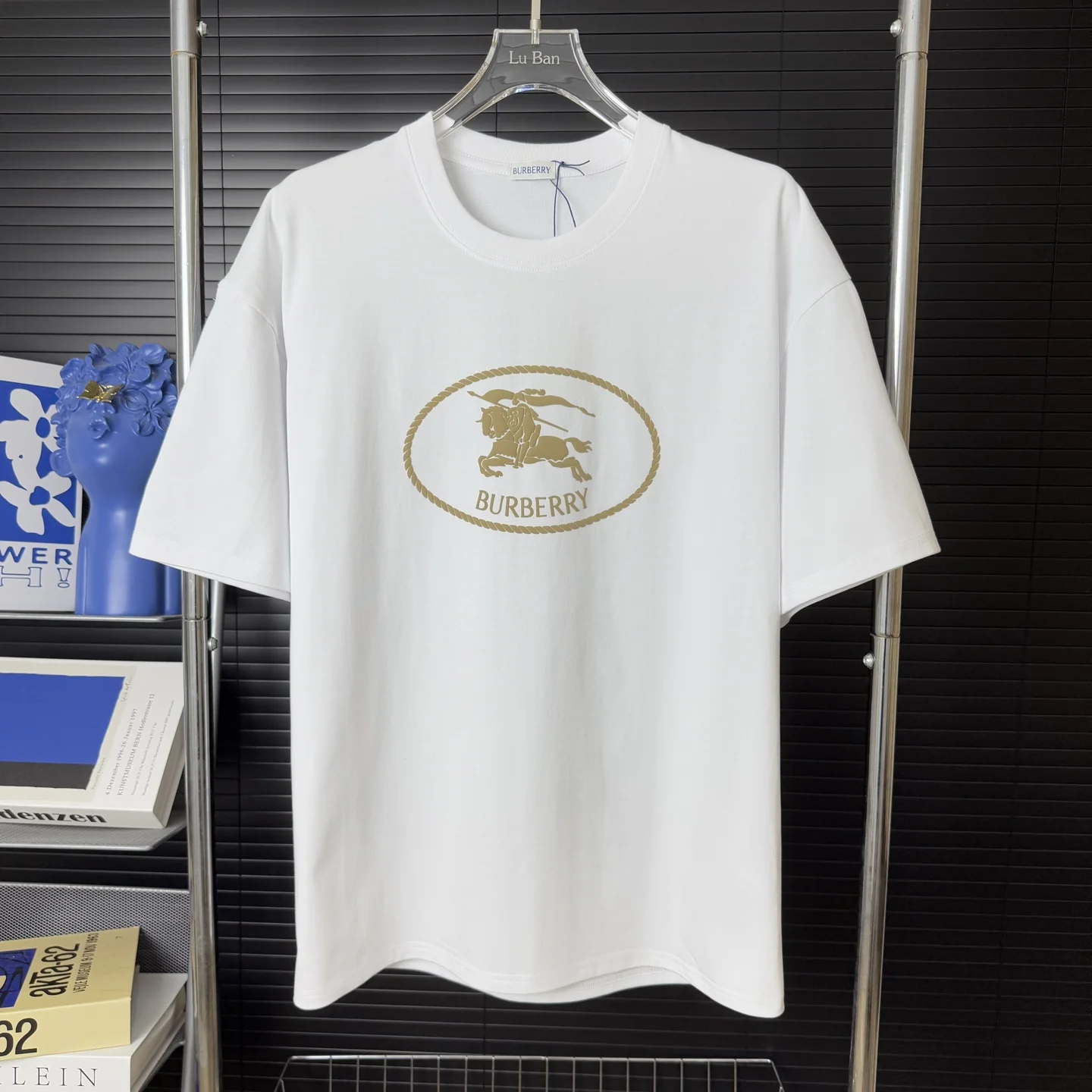 Burberry White Flocked Foam Knight-Horse 3D Logo Crew Neck T-Shirt