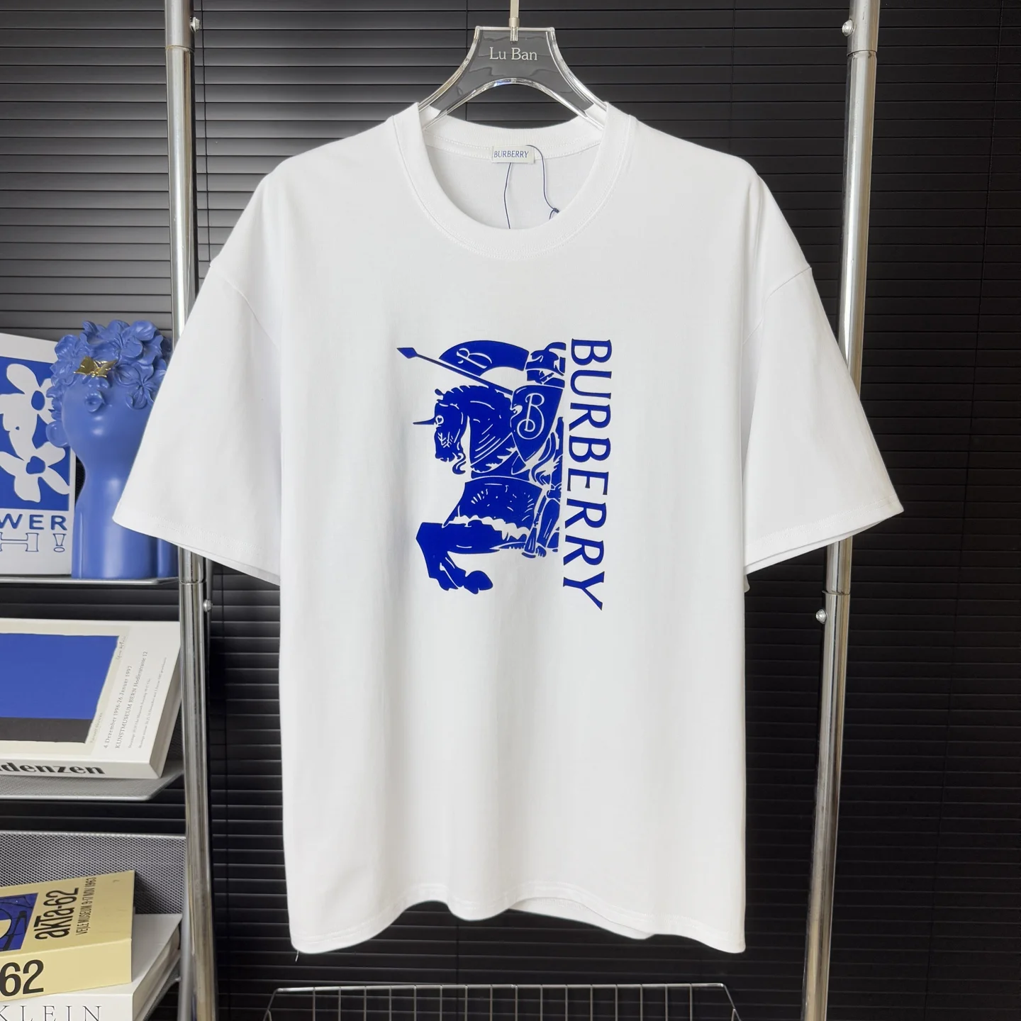 Burberry White Velvet Knight-Horse Logo Heavy-Cotton Crew Neck T-Shirt