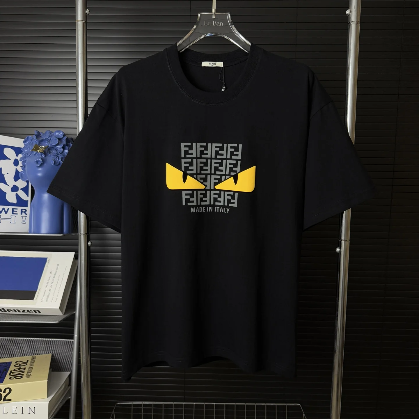 Fendi Black 3D Puff Velvet F Logo Monster Eyes T-Shirt