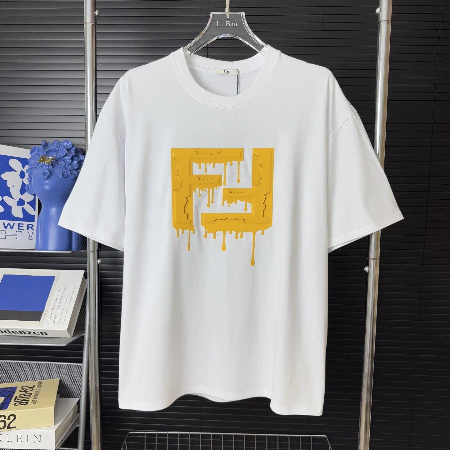 Fendi White 3D Cracked Letter Logo Embroidery Crew Neck T-Shirt