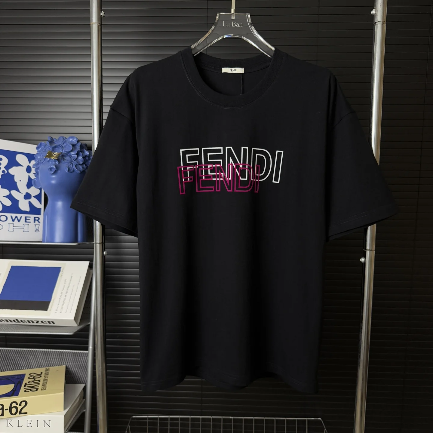 Fendi Black Gradient Velour Letter Logo Embroidery Crew Neck T-Shirt