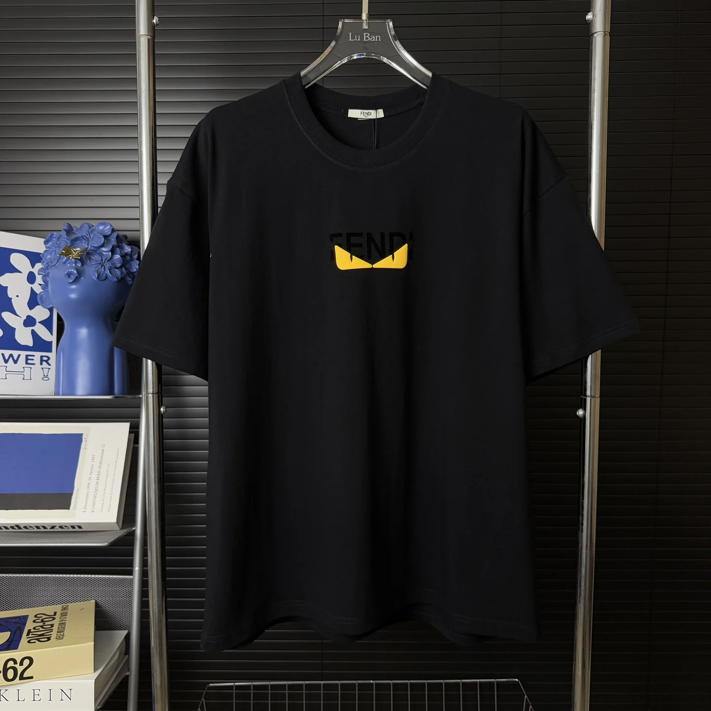 Fendi Black Monster Eyes Flocking & Leather-Patch Logo T-Shirt