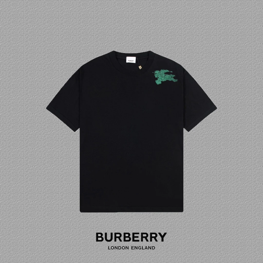 Burberry 2025FW Black Flocked Logo Heavy-Fabric Unisex T-Shirt
