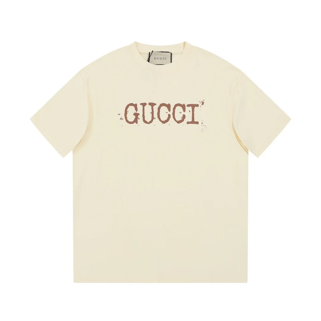 Gucci Beige Paint Splatter Slogan Combed Cotton T-Shirt