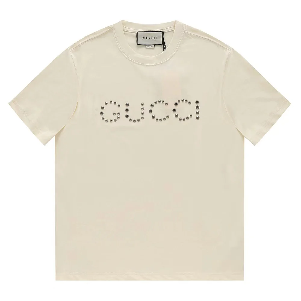 Gucci Cream Studded Logo Crew Neck T-Shirt