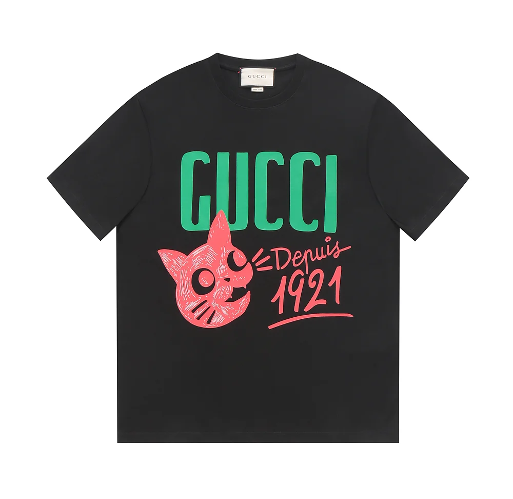 Gucci Black 1921 Cat & Logo Print Crew Neck T-Shirt