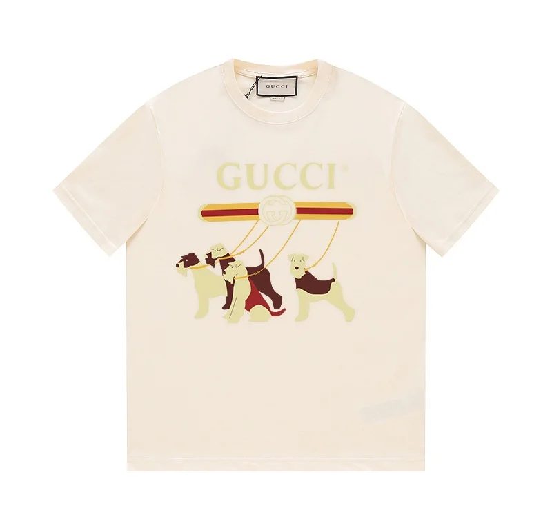 Gucci Beige Cartoon Dogs Print Crew Neck Unisex T-Shirt
