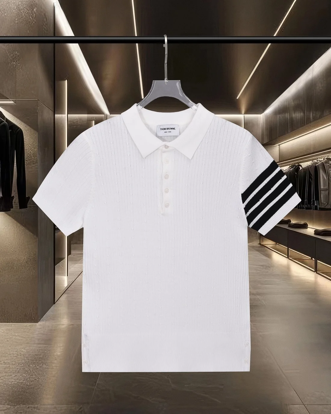 Thom Browne 2025SS White Color-Blocked Four-Stripe Polo T-Shirt